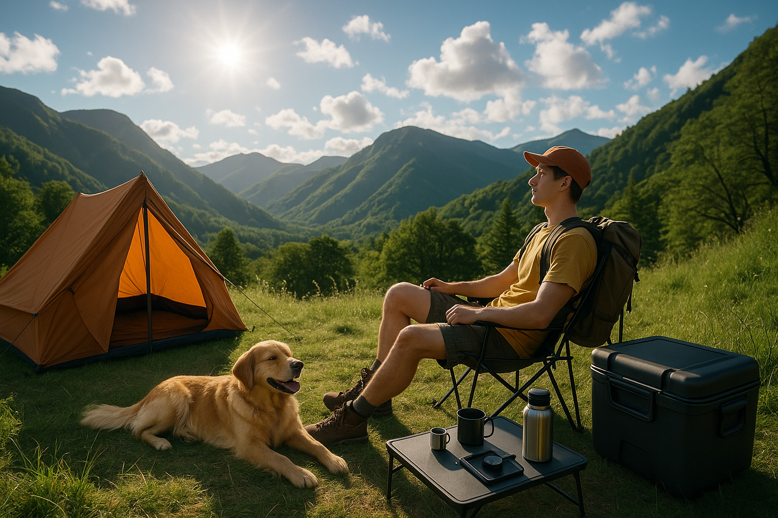 "A breathtaking travel and outdoor adventure scene with a young traveler enjoying nature. Bright sunlight over green mountains, a clear blue sky with fluffy clouds, and a cozy campsite setup with modern accessories. A dog relaxing happily beside the traveler, fresh breeze blowing, and a feeling of freedom and exploration in the air. The style is ultra-realistic, cinematic, with vibrant colors, minimal yet premium outdoor lifestyle aesthetic.
